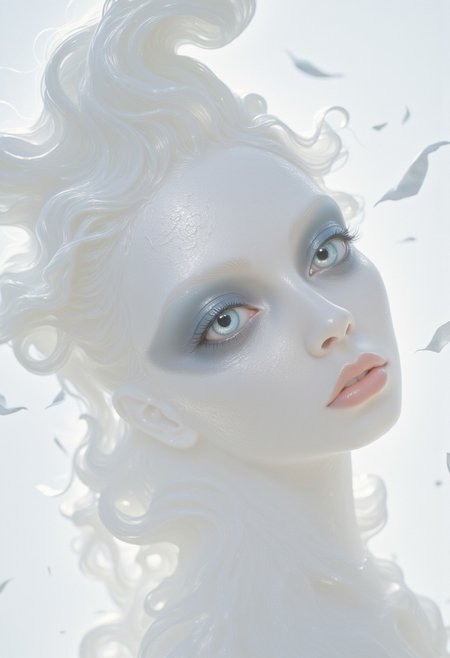 A closeup, surreal, ethereal portrait of a woman with a hauntingly beautiful, almost angelic presence. Her pale complexion is luminescent, blending seamlessly into the pure white background, creating an impression that she is emerging from light itself. Her very large piercing blue eyes are the focal point, their crystalline clarity and soft glow conveying a sense of otherworldly wisdom and calm. Her long lashes are bold and dramatic, contrasting starkly against her porcelain skin, drawing the viewer's gaze deeper into her haunting stare. Her features are delicately sculpted, with high cheekbones, a perfectly straight nose, and soft, full lips that hold a subtle, neutral expression, suggesting serenity and quiet strength. Her platinum-white hair flows and floats softly upwards, emphasizing her celestial appearance. The fine strands are light and wispy, blending seamlessly into the white backdrop with white ashes falling around her, adding to the ethereal atmosphere. The lighting is diffused and even, erasing shadows and creating a minimalistic aesthetic that places full focus on her striking features. The overall composition feels timeless, as if capturing the essence of purity and perfection, with a soft, dreamlike quality that invites introspection and awe. The simplicity of the image enhances its mystique, creating a profound, angelic presence that feels both familiar and otherworldly.