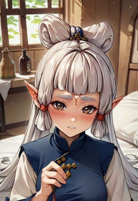 score_9, score_8_up, score_7_up, score_6_up, score_5_up, score_4_up, source_anime, , (best quality) , (highly detailed) , (best quality) , (highly detailed) ,((masterpiece)), ((best quality)), (ultra-detailed), ((extremely detailed)), (high resolution), 4K, (8K), best quality, (beautiful), (dynamic lighting), (super detailed skin), sharp focus, (1_girl, solo focus), masterpiece ,absurdres ,detailed face ,beautiful face , bowpaya, paya, elf ears, pointy ears, White hair,  pointy ears, brown eyes, forehead mark
 light rays, (light particles), 
chinese clothes, turtleneck, long sleeves, wide sleeves,, indoors, sitting, bed, bed room, blush, drunk, looking at viewer, solo, cowboy shot, dutch angle
 (portrait, upper body), OverallDetail,