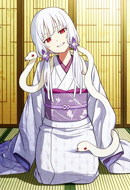 Smooth Quality - Illustrious, sfw,
anime, illustration, nadeko, red eyes,long hair,white hair,snake hair,albino, 
<lora:NSFWFilter_illusXL_Incrs_v1:-1>
<lora:Snake_on_Shoulders:0.8> sn4k3, snake on shoulders, large snake, white snake,
1girl, solo,
japanese clothes, white kimono, furisode, floral print, 
looking at viewer, head tilt, beautiful smile, grin,
golden folding screen, zabuton, tatami,