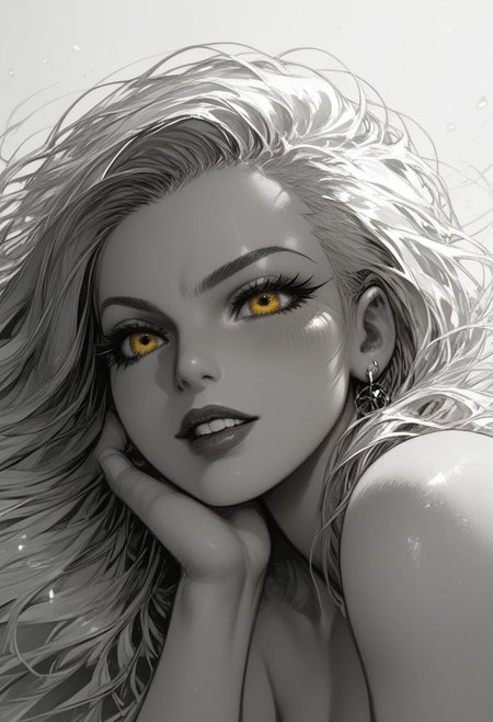score_9, score_8_up, score_7_up, 1girl, face close-up, yellow eyes, thick lineart, sharp edges, cel shading, linear hatching, black and white comic-noir aesthetics, film noir atmosphere, high contrast, duotone,<lora:Mature_Comics_Style - Pony:1>