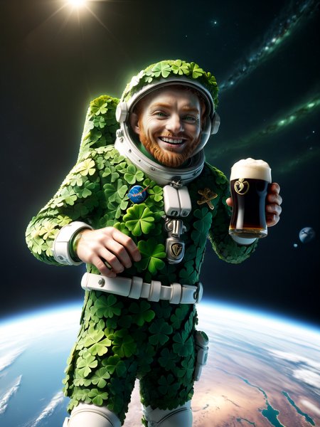 cinematic shot, dramatic lighting , irish leprechaun in orbit of earth in an astronauts suit made of mad-lkyclvr, dynamic pose,  <lora:Lucky_Clover_SDXL:1.2> drinking a Guinness beer, grin, (masterpiece:1.2), best quality, (hyperdetailed, highest detailed:1.2), high resolution textures, (masterpiece:1.2), best quality, (hyperdetailed, highest detailed:1.2), high resolution textures