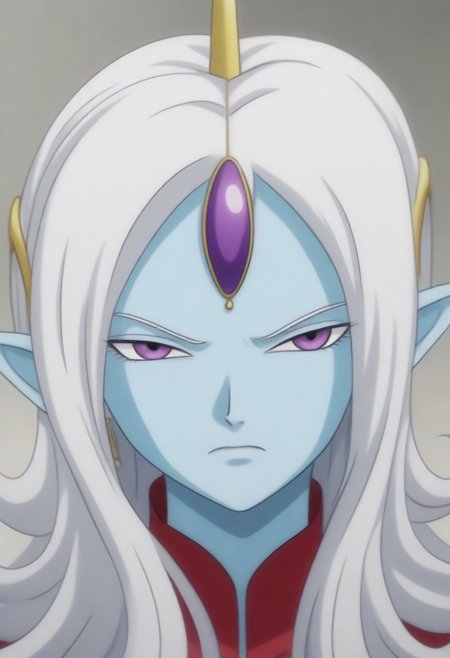 Masterpiece, Top Quality, source_anime, anime screencap, source_anime, auratheguillotine, anime screencap, masterpiece, source_anime, shiny skin,,,,towa(dragon ball), pointy ears, colored skin, blue skin, long hair, purple eyes,white hair, hair ornament, jewelry,