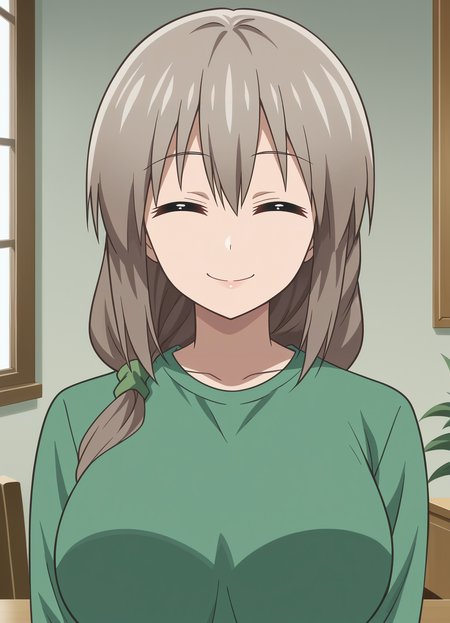 <lora:Tsuki_Uzaki-Uzaki-chan_wa_Asobitai:0.85>,mm,mature female,1girl,solo,closed eyes,grey hair,long hair,large breasts,shirt,upper body,looking at viewer,indoors,smile