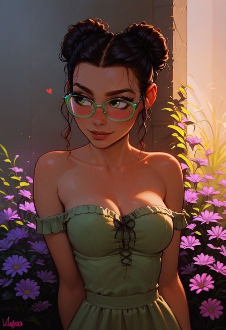score_9, score_8_up, score_8_up, godrays,, sunlight hitting face, lit from front, sunset sky,  g0thicPXL, GTA, 1girl, black hair, green hair, gradient hair, hair buns, short hair, green eyes, big perfect eyes, green rimmed glasses, cute face, (freckles:1.2), ((blush)) highly detailed face, (green sundress, off the shoulder dress, strapless dress), bare shoulders, (cleavage), lsmall breasts, freckled breast, round breasts, breasts together, flat chest, youthful tits petite Body, hourglass figure, slender body shape, perfect slender legs, sweating, oiled skin, looking away, slight smile, lusty, seductive, summer heat, heat effects, sun rays, sharp outlining, high contrast, vibrant colors,BREAK, standing in field of flowers, summer