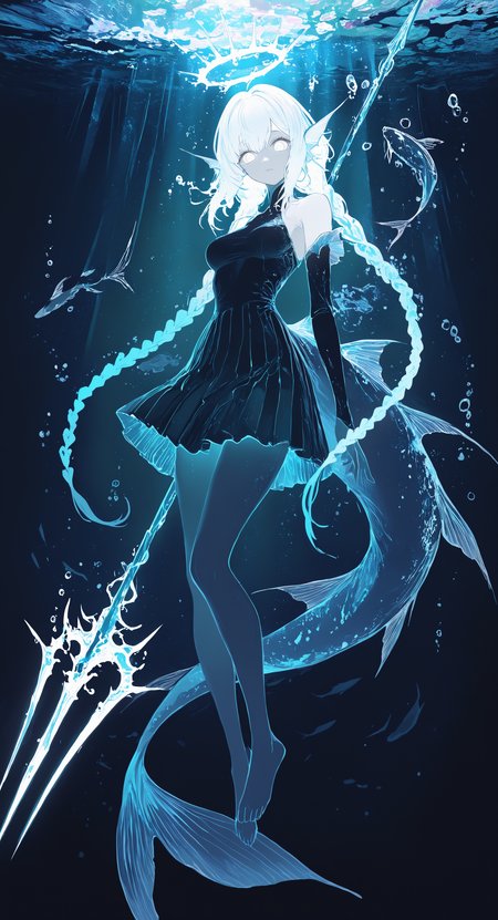 masterpiece, best quality, good quality, very awa, newest, highres, absurdres, 1girl, solo, long hair, breasts, looking at viewer, dress, holding, bare shoulders, very long hair, blue hair, tail, full body, braid, weapon, detached sleeves, barefoot, holding weapon, water, halo, twin braids, glowing, sunlight, polearm, glowing eyes, bubble, blue theme, light rays, fins, underwater, pleated dress, holding polearm, air bubble, white eyes, fish tail, head fins, trident, aqua theme, fish girl, limited palette, sketch, glowing, psychedelic, <lora:illustriousXL_stabilizer_v1.23:0.3> <lora:NOOB_vp1_detailer_by_volnovik_v1:0.3> <lora:ponyv6_noobE11_2_adamW-000017:0.3> <lora:114558v4df2fsdf5:0.7> <lora:XXX667:0.5> <lora:mon_monmon2133:0.6>