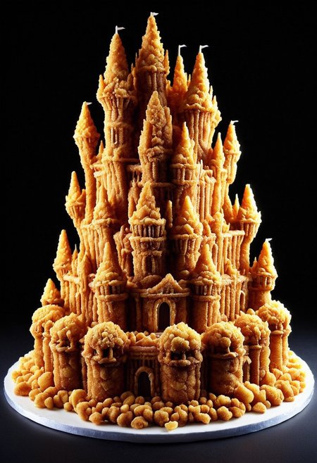 (sculpture cake made of deep fried & crispy breading:1.25), DFC, (breaded:0.3), perfect composition, elaborate, (ultra realistic:1.1), detailed background, masterpiece, best quality, highly detailed, hyper-detailed, uhd, vibrant colors, extremely detailed, exquisite detail, intricate, ultra-realistic, ultra-detailed,  kitchen interior
