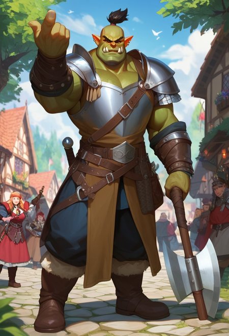 score_9, score_8_up, score_7_up, 2d, anime, orc warrior posing with a huge axe, medieval market, looking at viewer