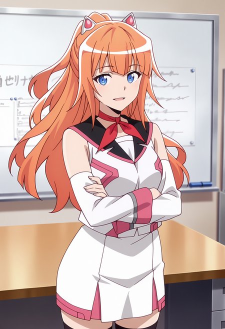 anime screencap, masterpiece, best quality,
<lora:PlasticMemories_KinushimaMichiru_IlluXL:0.9>,
1girl, solo, open mouth, light smile,
ponytail, long hair, orange hair, blue eyes, fake animal ears,
ribbon choker, red choker, sleeveless, black sailor collar, white shirt, detached sleeves, white skirt, black thighhighs,
crossed arms, standing, looking at viewer, cowboy shot,
indoors, office, table, whiteboard, blurry background