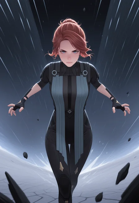 masterpiece, best quality, amazing quality,j3ss3, <lora:jesseFaden_illustrious_byJaneB:1>, 1girl, solo,
asynchronoussuit, black gloves, floating debris, protecting, <lora:afkArenaIllustrious:1> afkArenaStyle