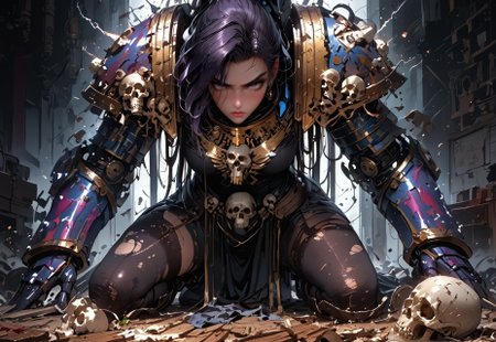 safe_pos, 1girl, solo, 18 year old girl, detailed face:1.4, stunning beauty:1.5, long legs, large body, powerful necromancer:1.3, large saggy breasts, flushed cheeks, fierce expression:1.6, dynamic hairstyle, deep rich (dark purple) hair:1.5, freckles:1.4, power overload:1.5, bone armor, skin tight clothing, torn clothing, gloves, low on waist pelvic curtain, thigh highs, necrotic energy:1.4, lightning, perfect eyes:1.5, dark purple glowing eyes:1.5, piercing gaze, dark round pupils:1.6, exposed thighs, shiny/glossy skin, detailed skin, realistic skin, dynamic pose, crouching amongst bones, holding skull, studying skull, power bursting from body, white sclera:1.5, 
BREAK
cathedral, bone piles:1.3, skulls, smoke, torches, braziers,
BREAK
score_9, score_8_up, score_8, masterpiece:1.3, best quality, official art, extremely detailed, CG unity 8k wallpaper, highly detailed, absurdres, high definition, photorealism:1.5, detailed shading, dynamic lighting, high contrast, ambient occlusion, vibrant colors:1.5, saturated colors:1.6, ray tracing, 
BREAK
close up shot:1.6, dynamic angle, source_anime, close shot, eyes_focus, cinematic:1.3, epic:1.5,

expressiveh, NightL40K