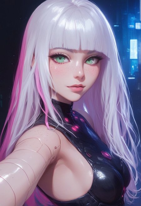 (score_9, score_8_up, score_7_up, score_6_up), sexy girl, semi realistic, cinematic lightings, volumetric lighting, raytracing, shining glossy skin, soft lighting, realistic skin, blum effect, masterpiece, absolutely eye-catching, concept art, realistic, mesmerizing patterned light, creating speckled shadows that add depth to the image
perfect face, high detail, 8k, (maximum resolution), (masterpiece), (extremely detailed), colorful,
1girl, pink hair, freckles, sexy body, (beautiful face:1.1), pretty face, cute face, bubble butt, perfect ass, silk lingerie, lying on bed, selfie, from above, potg
 long hair, looking at side, eyes focused on viewer, 1girl, standing, green eyes, female focus, very close-up on face,  portrait, intricate details,  white hair with fringe, bob cut, outdoors, neon lit street background, night, dynamic pose, grunge punk outfit, flat breasts, cyborg, armor, cyberpunk, robot joints, complex details, mechanical girl