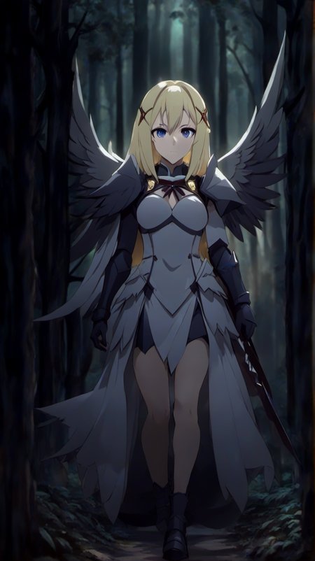 <lora:Darkness:1>
(DarknessKonosuba:1.9), DarknessKonosuba, 
DarknessKonosuba wearing Armor,, <lora:Dark Fantasy:1>Dark Fantasy - A woman wearing a dress with black wings is walking in the dark forest.