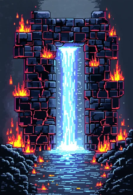 You are an assistant designed to generate superior images with the superior degree of image-text alignment based on textual prompts or user prompts.  <Prompt Start> An 8-bit retro pixel-art work featuring an obsidian gate made from floating blocks covered in cracks with a flood of light pouring out. Surrounded by fire. With an eerie mood accompanying the misty glow of the surroundings. The pixel-art work's style is low-res, blocky and pixelated, featuring pixel shading techniques as well as arcade graphics. The color concept is characterized by limited shades in clashing contrast to each other.
