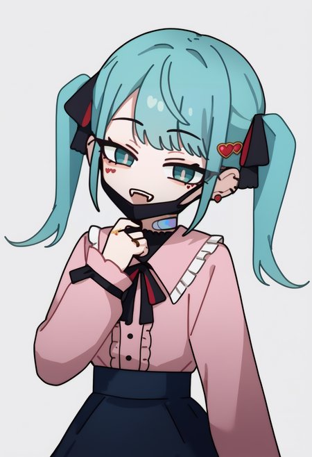 score_9, score_7_up, <break> simple background, white background, solo, 1girl, vampiremiku, heart facial mark, fangs, smile, open mouth, looking at you, standing, aqua hair, twintails, heart hair ornament, hair ribbon, black ribbon, aqua eyes, half-closed eyes, jirai kei, frills, pink shirt, frilled shirt collar, long sleeves, black skirt, ear piercing, earrings, black mask, mouth mask, bandaid on neck, ring
 <segment:yolo-face_yolov8m.pt,0.4,0.5//cid=1>