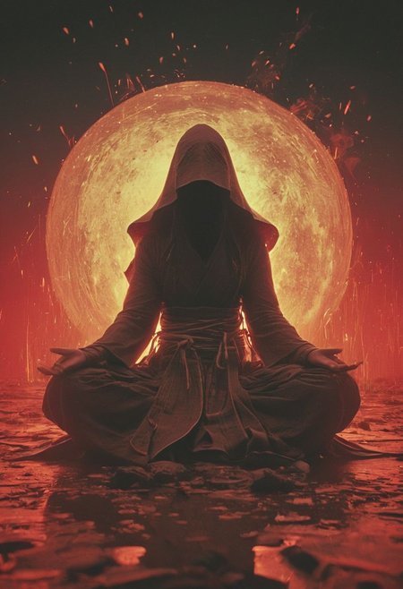 Capturing serenity amidst boundless solitude: a powerful image of a buxom feudal ninja, draped in flowing feudal garb, large sedge-hat, meditating in lotus position upon an endless, sunless expanse. As she hovers, an aura emanates from her, growing in intensity as it extends beyond her Till it explodes in the far, reminiscent of expanding ripples of sound. The neon hues of her aura paint the air, a vivid testament to her inner strength and focus.
creating a hyperpunk scene with desaturated translucent DARK Red and beige details, colorful (polaroid:0.7) with vibrant colors, (vacations, high resolution:1.3), (small, selective focus, european film:1.2), (sexual advance:1.1), closeup