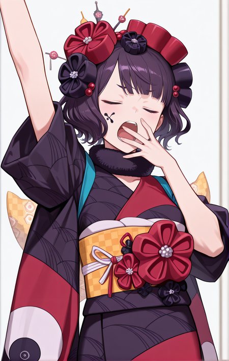 masterpiece, best quality, amazing quality, highres, absurdres, very aesthetic, high resolution, ultra detailed, perfect details, 1girl, solo, <lora:IL_Katsushika_Hokusai:1>, katsushika hokusai (fate), tokitarou (fate), oui, purple hair, closed eyes, hair flowers, hairpin, fur collar, japanese clothes, kimono, yellow obi, wide sleeves, yawning, hand on mouth, open mouth, indoor, cowboy shot, arm up, upper body, indoor, ink on cheek