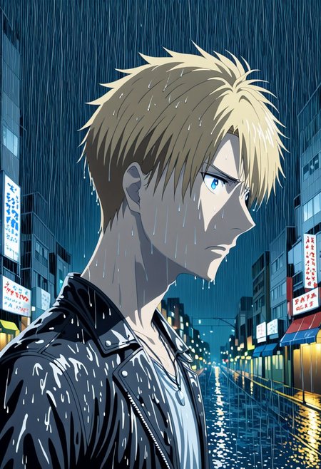 high resolution, solo, best quality, 1Boy, Yamato Ishida, Blond Hair, Blue Eyes, Necklace, heavy rain, downtown, night, looking down, sad, leather jacket, looking away, wet, wet hair, OverallDetail