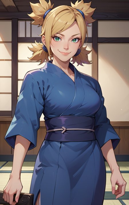 score_9, score_8_up, score_7_up, BREAK source_anime  <lora:temari:1> temariSDXL, 1girl, solo, looking at viewer, smile,medium breasts, blonde hair, four pigtails, closed mouth, blue green eyes, standing, japanese clothes,blue kimono,  sash, cowboy shot, room background,