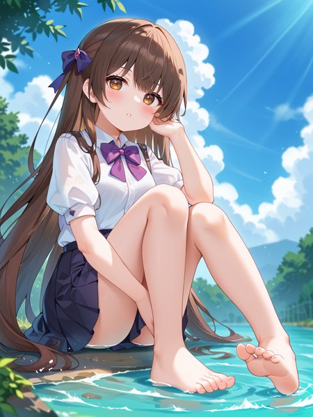 1girl, 
solo, depth of field, bow, barefoot, outdoors, day, looking at viewer, purple bow, bowtie, blurry background, puffy short sleeves, black skirt, very long hair, tree, puffy sleeves, purple bowtie, blurry, pleated skirt, toes, sunlight, brown eyes, collared shirt, shirt, parted lips, long hair, blurry foreground, sitting, short sleeves, soles, sky, wariza, brown hair, white shirt, cloud, blue sky, skirt, blush,
A young girl with long dark hair and bangs. the girl is sitting on the ground with her legs crossed and her hands resting on her knees. she has a serious expression on her face and is looking off to the side. in front of her, there are two large rocks that appear to be floating in the water.
score_9, score_8_up, score_7_up, source_anime
 <lora:style016:0.8>
