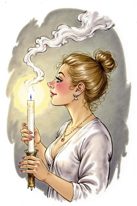 d0sn Illustration. Wisps of smoke rising from a candle in the form of a woman's profile  <lora:d0sn_illus7_cap_d6a3:1.0><lora:805784909244469715:0>