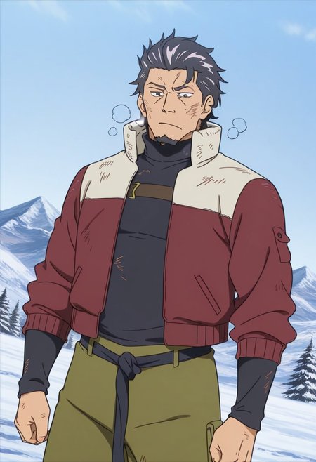 score_9, score_8_up, score_7_up, score_6_up, perfect anatomy, perfect proportions, best quality, masterpiece, high_resolution, high quality, best aesthetic, incredibly absurdres, highres, extremely detailed, huge filesize, solo male, adult, mature, masculine, manly, handsome, charming, alluring, standing, upper body, dutch angle, cowboy shot, source_anime \(Deca Dence\), anime coloring \(Deca Dence\), Kaburagi \(Deca Dence\), DDKaburagi, black hair, grey hair streak, multicolored hair, hair slicked back, facial hair, goatee, green eyes, sanpaku, constricted pupils, eyebrow slit, scar, DDKaburagi_outfit04, black turtleneck, red jacket, high collar jacket, long sleeves, olive work pants, wide pants, black tied belt, tied belt, brown boots, exhausted, bruise, blue sky, day, snowy, mountain

