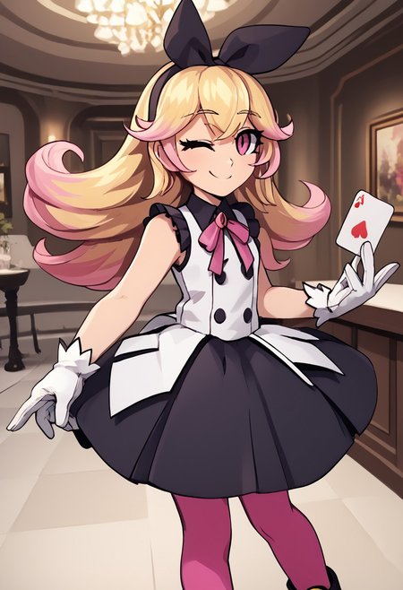 score_4,score_5,score_6,score_7_up,score_8_up,score_9
((masterpiece,best quality,ultra detailed,highres,HD,4k:1.2)),
1girl,solo,
dark pink eyes, blonde hair, long hair, hairband, ribbon, multicolored hair, pink hair tips, bangs, ribbon on clothes, pink pantyhose, white gloves, gloves, sleeveless dress, frilly dress, black footwear, black shoes,
standing,Indoors, luxurious interiors,holding a playing card, smile, wink,