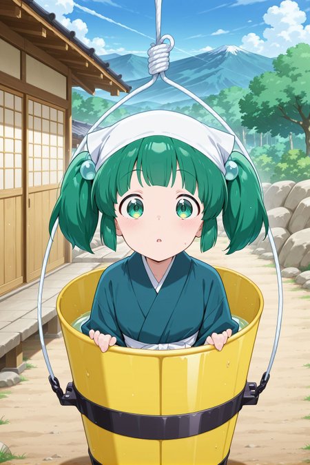 absurdres, highres, masterpiece, best quality, amazing quality, official anime artwork, screencap, anime screencap, outdoors, looking at viewer, midair, surprised,  
<lora:Kisume_Illustrious:1> kisume, 1girl, solo, green eyes, green hair, short hair, short twintails,, kisume \(bath bucket\), alternate costume, hair bobbles, white headwear, headscarf, japanese clothes, white shirt, blue kimono, wide sleeves, white rope, yellow bucket, in bucket,