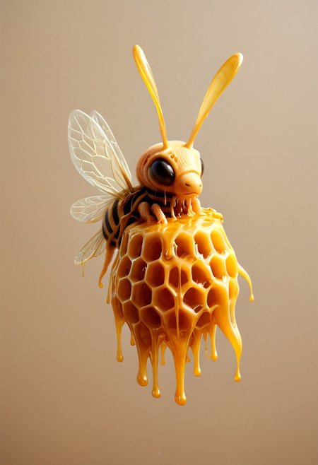 score_9, octopus | bee | seahorse, hybrid, hyperrealism, realistic, insect wings, facette eyes, BREAK score_9, score_8, (score_7:0.5), (score_6:0.5), score_6_up, score_7_up, BREAK honeycomb workshop covered in honey, dripping, sticky, golden nectar,  <lora:ral-hnycmb:1> ral-hnycmb