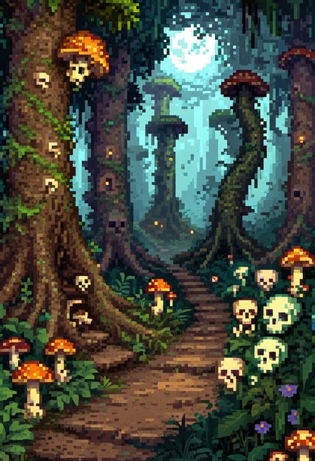 pixel art, digital art, Dark fantasy landscape of an eerie forest where every tree trunk is carved into towering skulls with glowing eyes that illuminate the path below. Fireflies swirl around them like tiny souls escaping into the night sky. The ground is littered with bone-shaped mushrooms and skeletal roots breaking through the soil. style gothic fantasy with bioluminescent accents. Lighting: moonlit with glowing elements. theme nature's cycle of life and death, haunting beauty. mysterious, awe-inspiring.