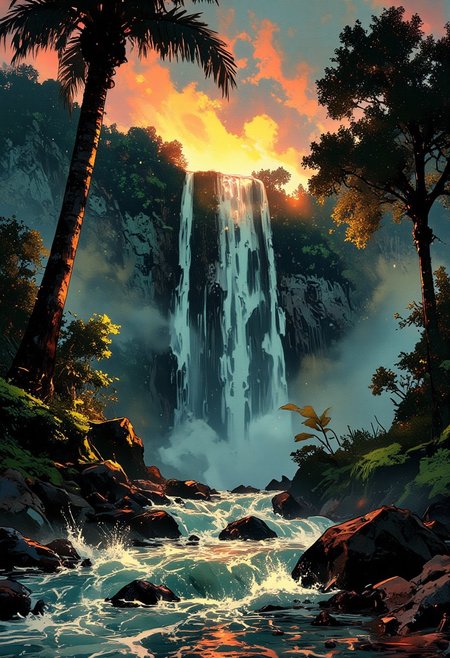 Mh1$AgThS2, intricate linework with expressive contrasts, soft lighting with dynamic highlights, a large waterfall in a tropical rainforest, tall trees with buttresses, rapidly flowing water, sunset