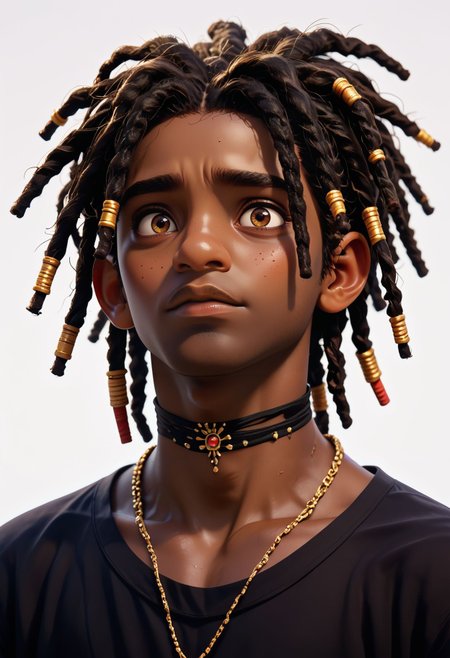 score_9,score_8_up,score_7_up,  <lora:3d_render_pdxl_goofy:1>3d render, dreadlocks, very dark skin, 1boy, dark-skinned male, male focus, jewelry, necklace, choker, brown eyes, shirt, freckles, simple background, black hair, white background