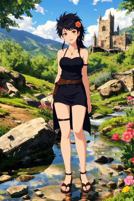 Serbian mohawk black hair (young woman), (druid:1.2), anime, illustration, (extremely detailed), (portrait), (standing:1.2), (happy smile), flower in hair, glossy lipstick, celtic necklace, linear earrings, loincloth, (sandals),  Black (druid short dress), (legs), heels, (sharp focus),  fantasy, (beautiful celtic landscape:0.9), (small rock:0.9), (moss:0.4), (ripples, reflections:0.8), celtic  castle, (small river small pond:0.5), druid forest, (druid village:1.2), (stunning nature environment:0.8), (enchanted land:0.5), clovers, (Bright Navy flowers:0.9), leaves,bright (sunny sky), (sunset:0.3), best quality, colorful, wet floor, raytracing, hdr, high contrast, ethereal natural lights, backlight, (lens flare:0.4), shadows, (vibrant colors, colorful):0.6, pretty, beautiful, happy, smiling, feminine, sexy, lovely, in love, adorable, fashion,  <lora:Hand v2:1> <lora:Anti-Blur:1> <lora:RetroAnimeFluxV1:0.4> <lora:Luminous_Shadowscape:0.4>  <lora:SujatmikoArafuru_Flux:0.2> Suzume style