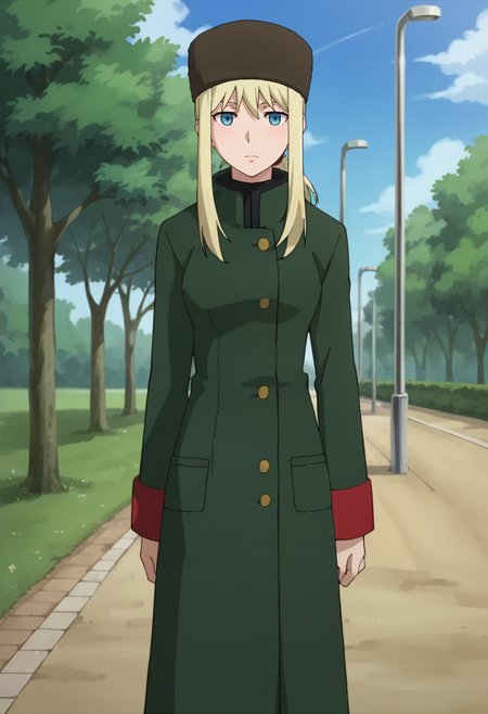 score_9,score_8_up,score_7_up,score_6_up,score_5_up,score_4_up,anime coloring BREAK source_anime,anime,<lora:Tanya_Akulova_Darker_than_Black_Pony:0.7>,tanyadtb,1girl,solo,blue eyes,blonde hair,ponytail,sidelocks,ushanka,long coat,standing,outdoors,park,