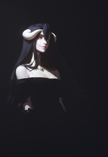 Blend_in, black background, score_9, score_8_up, score_7_up, masterpiece, best quality, absurdres, vibrant, highly detailed, very aesthetic, portrait, 1girl, solo, slimes_albedo, black wings, black dress, looking at viewer, (smile:0.8)
