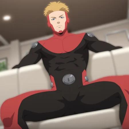 p0w3rpl3x, 1boy, male focus, blonde hair, blue eyes, highly detailed, intricate details, detailed background, solo, angle from below, from below, sitting, indoors, white sofa, on sofa, living room, spread legs, relaxed, relaxing, red mask, red and black bodysuit, metal circles, looking at viewer, serious face,  <lora:Powerplex:1>