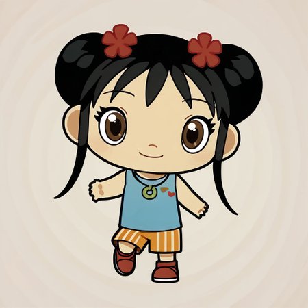 score_9, score_8_up, score_7_up BREAK Kailan, 1girl, black hair, odango hairstyle, brown eyes, red flower-hairclips, light blue tank top, necklace, vertical stripes orange shorts, red shoes with white accents, smiling at viewer, full body, chibi, chibi size,