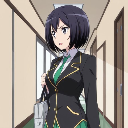 nsfw, masterpiece, best quality, 1girl, solo, jokamachi_no_danderaion_kanade_sakurada, standing, school uniform, black hair, short hair, necktie, bag, open mouth, jacket, green necktie, black eyes, blazer, skirt, hallway,  <lora:Kanade_Sakurada_-_Jokamachi_no_Danderaion:0.7>