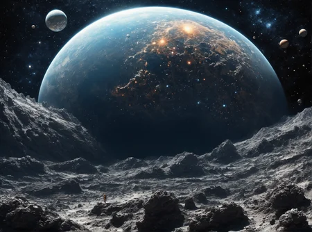 It is a being made of billions of tiny gemstones; he resembles either a woman or a man.
This being is called Rendomriin.
Rendomriin is extremely powerful, proud, and arrogant, but it is also fair and impartial.
it is currently watching a magical planet from space, wondering whether or not to destroy it. view from space, deep space scenery, side view, in the picture described Rendomriin floating in space and watching a planet .
 <lora:FC Flux Perfect Busts:1.7> <lora:extremely_detailed:1.9> <lora:å·¨ç¥_FLUX_lora_v1:1.8> <lora:Realistic-Fantasy-style_flux1D_LOREVER:1.4> <lora:spacemerge1:1> <lora:ymnmpi196a29e8950n39e6:1.6>