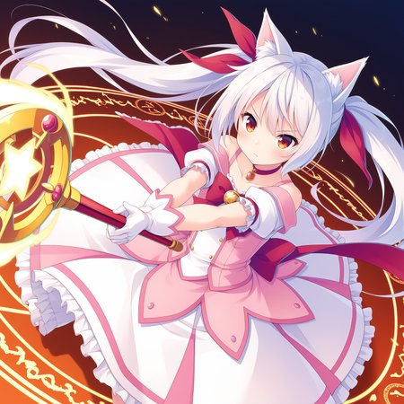 <lora:Tokugawa_Mitsukuni_1_nai-000041:1>,Tokugawa Mitsukuni,
twintails,magical girl,white gloves,hair ribbon,hair ornament,cat ears,collarbone,red ribbon,red bowtie,red choker,off-shoulder dress,pink dress,white skirt,white frills,circle skirt,frilled skirt,puffy short sleeves,
BREAK
1girl,solo,serious,holding weapon,mage staff,magic,energy,magic circle,incoming attack,attack,dutch angle,own hands clasped,