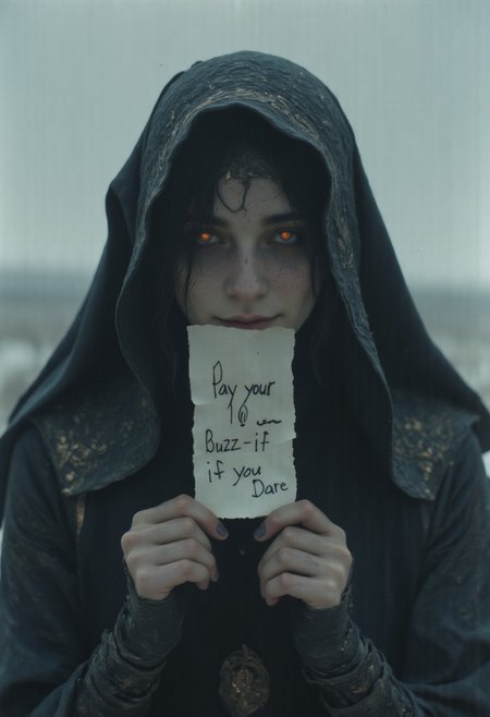 The dark nun, Extreme Upper Body Closeup Portrait, enveloped in a flowing, tattered habit that casts foreboding shadows over her pale, gaunt face. Her eyes, sunken and burning with an eerie light, peer out from beneath a frayed hood. With a twisted smile, she holds a crumpled promissory note to her face, the chilling message scrawled in bold black: "Pay your 10 buzz—if you dare." The backdrop is a desolate, snow-covered landscape, shrouded in thick fog and shadows, hinting at her sinister connection to ice and despair. Dark, glowing outlines define her skeletal form, draped in a worn habit that exudes an unsettling aura. The intricate patterns on her habit seem to writhe as if alive, a testament to the malevolence she commands.