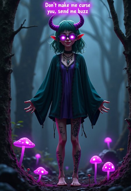A nerdy, glasses-wearing, horned, shoulder-length green-haired, glowing purple-eyed, evil druid woman, covered in Gothic tattoos, barefoot, wearing short dark-emerald robes trimmed with purple silk and Gothic jewelry, full body generation, standing in a dead forest at night, making a playful and sinister smile, purple-eyed homunculi playing around her bare feet, glowing mushrooms all around her, a theme of beautiful decay and rot. Digital art. Purple glowing text above her head "Don't make me curse you, send me buzz"