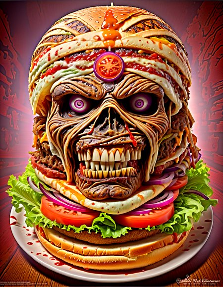 tasty juicy cheseburger in (eddie:1.4) style, salad, beef, tomato slices, onion, looking like a (mummy:1.3),at a restaurant,hyper detailed, highly intricate,dripping sauce, xxl,,