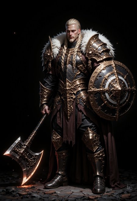 An1meL1nes, Image is a digital artwork featuring a powerful warrior in a full-body portrait against a dark background. he has long blonde hair styled in braids and wears a detailed, rugged armor set with fur and leather elements. fair skin, has a determined expression. The armor includes a metal breastplate, shoulder guards, and a fur-lined skirt, holds a large round shield with a gold and black design featuring a white emblem, and a massive bearded axe in the other hand, boots are sturdy and adorned with metal accents. The overall style is reminiscent of a fantasy or medieval theme, with a focus on strength and resilience. light particles, extremely sharp focus, unique artistic composition, (maximum ultra high definition image quality and rendering:3), maximum image detail, maximum realistic render, (((ultra realist style))), realist side lighting, , 8K high definition, realist soft lighting, (amazing special effect:3.5)