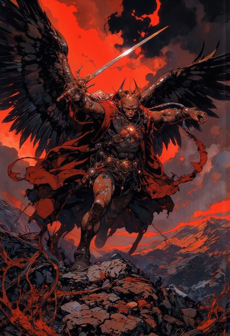 A dramatic digital artwork in deep, monochromatic red tones, depicting a powerful winged angel in a classical, Renaissance-inspired style. The angel is captured mid-action, its massive, intricately feathered wings spread wide, each feather etched with stunning detail. It holds a gleaming sword high in its right hand, poised to strike, its intense expression conveying unyielding determination and divine wrath. Flowing robes and a billowing cloak swirl around the angel, their intricate folds and textures illuminated by the crimson glow of the stormy, apocalyptic sky behind. The background is a chaotic swirl of deep reds and blacks, with ominous clouds twisting as if alive, enhancing the sense of conflict and urgency. Below, a rugged, rocky terrain strewn with sparse, wind-battered vegetation creates a stark contrast to the celestial figure above. The overall composition exudes tension, with dramatic lighting and shadow emphasizing the angel's divine authority and the dark, foreboding mood of the scene. HD, 8K quality, ultra-detailed, masterpiece artwork, flawless anatomy, and breathtaking realism. mythp0rt, Frank Frazetta fantasy oil painting, anime_martz, anime_source, paint
