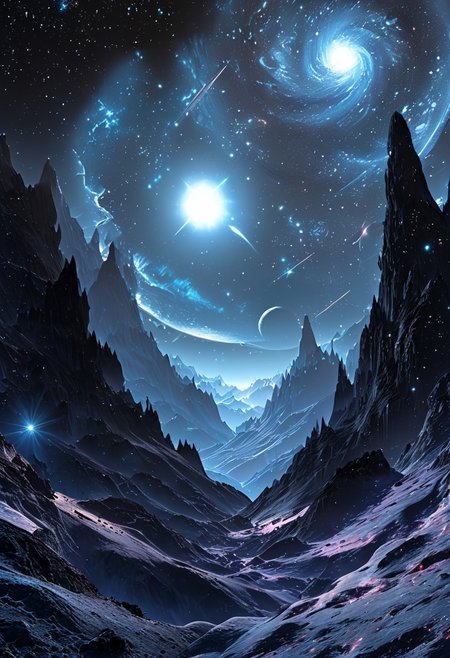 A captivating night scene illustration featuring a bright and inviting futuristic space base on a great  great mountain. The great technologically advanced base and mountain are much like Neuschwanstein Castle in Bavaria. Spaceships fly overhead. This enchanting artwork captures a dark but comforting night, where 2 brilliant moons hang above and over the  great valley  and advanced space fortress which  stands resolute amidst the great mountains, creating a cinematic experience., space_backround, illustration, cinematic
<lora:DonM3t3rn1tyXL-v1.1:0.7>, DonM3t3rn1tyXL,
OverallDetailXL  <lora:MJ52:0.3>  <lora:SDXLFaeTastic2400:0.4>  <lora:EpicF4nta5yXL:0.7>
