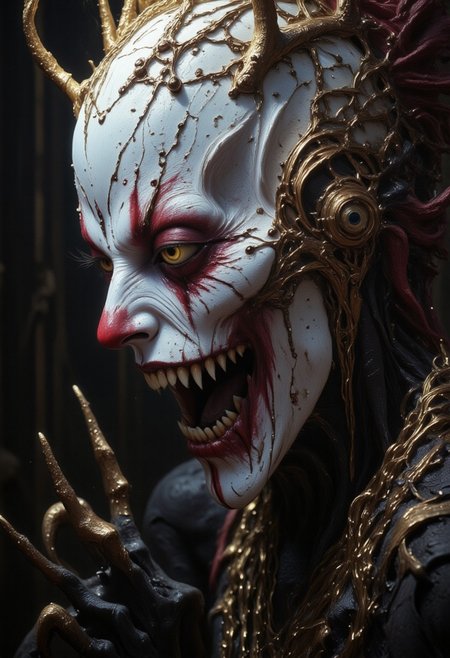the Mokosh is an ancient drow and mythical female creature. She has long, sharp fangs for teeth and many spikes protruding from its head as it stares at the viewer with old soulless eyes, Her skin is white, engraved stone where every grove tells a story. She wears makeup like a clown. It is snarling menacingly at the viewer, demanding respect and loyalty. Extreme closeup head portrait, hyperdetailed, 8k resolution concept art, WLOP, Moebius, H.R. Giger, Royo, muddy, dark colors, minimal lighting, hyperrealism, digital illustration, intricate,( vapor:0.9), dorian cleavenger, brom, hyperrealism, digital illustration, horror, dark environment, (&:0)t  (photography, high-resolution, dynamic, energetic,hyper-realistic, dramatic lighting, shallow depth of field.)