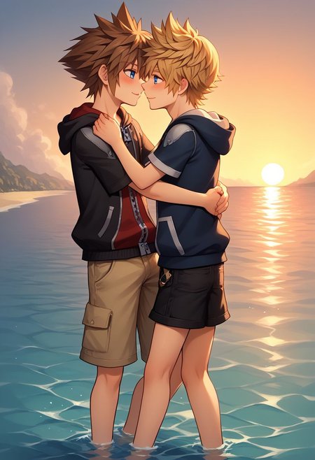 score_9, score_8_up, source_anime, highly detailed, 2boys,
sora, spiked hair, male focus, 1boy, brown hair, blue eyes, zipper, hoodie, short pants, BREAK
roxas, 1boy, zipper, male focus, spiked hair, blue eyes, blonde hair, short pants, short sleeves, zipper pull tab, 
indoor, outdoor, beach, bare foot, hug, smile, foot in water, stand, imminent kiss, blush, sunset,