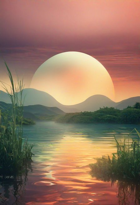 futuristic and dreamy landscape scene with water and vegetation at sunset