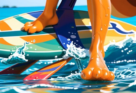 score_9, score_8_up, score_7_up, score_6_up, score_5_up, score_4_up, 1girl, furry female, kiff chatterley, orange squirrel, barefoot, orange feet, 3 toes, foot focus, close-up, water, surfing, feet on surfboard, wet on feet, close-up