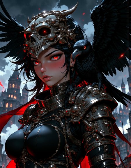 A female warrior with a black raven perched on her shoulder. The warrior is wearing a full suit of armor with intricate designs and patterns. She has a helmet with a skull and crossbones design on it. She has glowing red eyes. The raven has its wings spread wide and its beak open as if it is about to take flight. The background is a dark and stormy cityscape with tall buildings and a cloudy sky. The overall mood of the image is ominous and ominous. mythp0rt